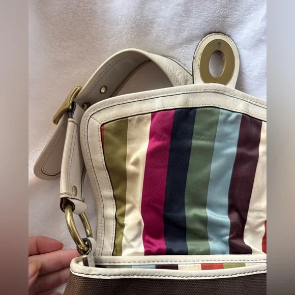 Coach Legacy Stripe Parchment/Brown Slim Flap Ali Turnlock Shoulder Bag $378 - Picture 4 of 16